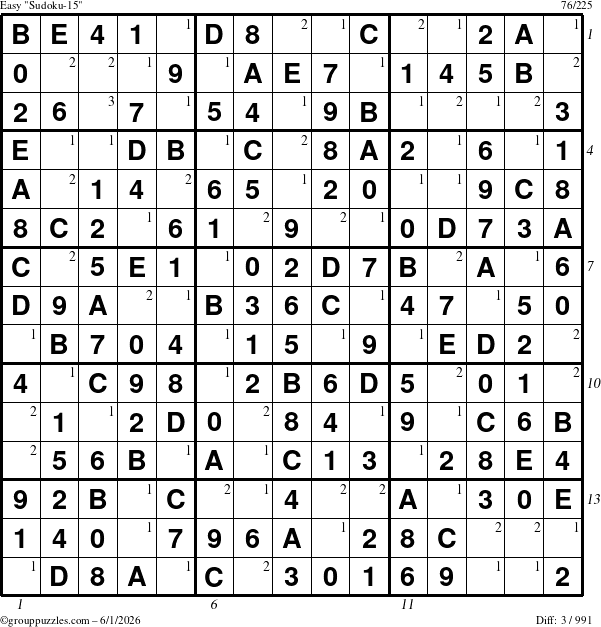 The grouppuzzles.com Easy Sudoku-15 puzzle for Monday June 1, 2026, suitable for printing, with all 3 steps marked