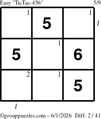 The grouppuzzles.com Easy TicTac-456 puzzle for Monday June 1, 2026, suitable for printing, with all 2 steps marked