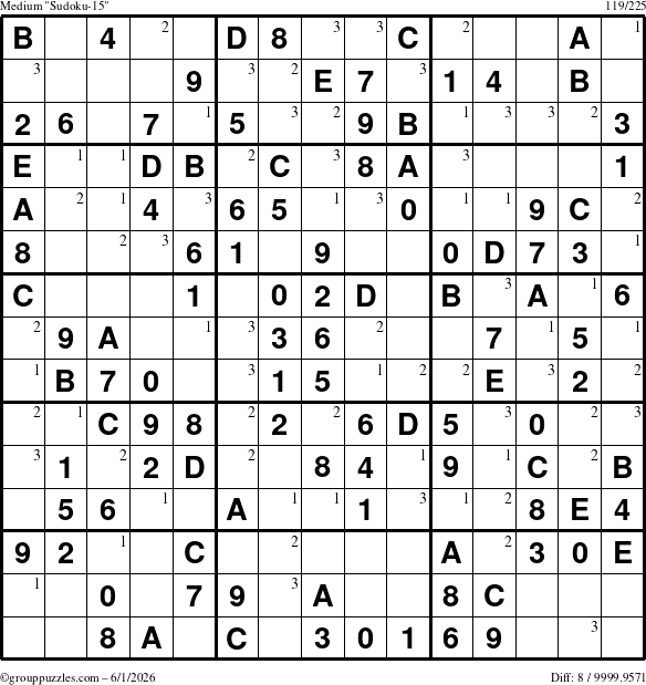 The grouppuzzles.com Medium Sudoku-15 puzzle for Monday June 1, 2026 with the first 3 steps marked