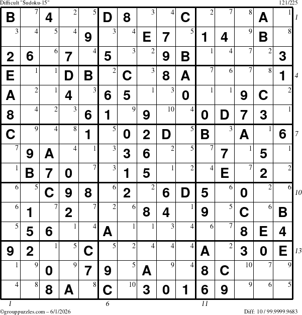 The grouppuzzles.com Difficult Sudoku-15 puzzle for Monday June 1, 2026, suitable for printing, with all 10 steps marked