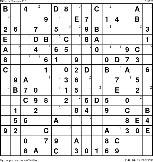The grouppuzzles.com Difficult Sudoku-15 puzzle for Monday June 1, 2026 with the first 3 steps marked