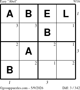 The grouppuzzles.com Easy Abel puzzle for Saturday May 9, 2026, suitable for printing, with all 3 steps marked