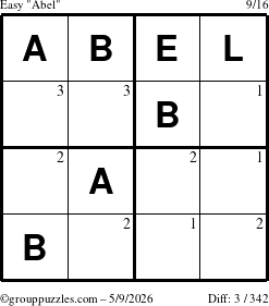 The grouppuzzles.com Easy Abel puzzle for Saturday May 9, 2026 with the first 3 steps marked