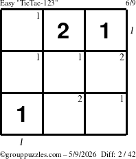 The grouppuzzles.com Easy TicTac-123 puzzle for Saturday May 9, 2026 with all 2 steps marked