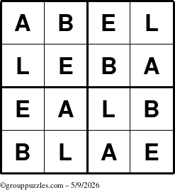The grouppuzzles.com Answer grid for the Abel puzzle for Saturday May 9, 2026
