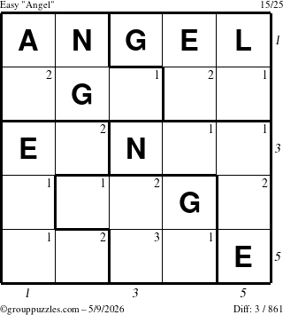 The grouppuzzles.com Easy Angel puzzle for Saturday May 9, 2026 with all 3 steps marked