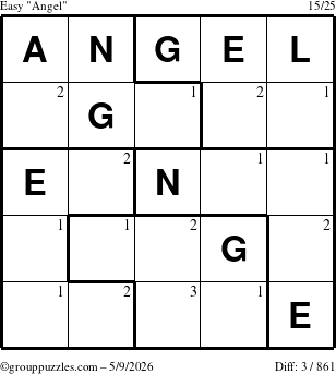 The grouppuzzles.com Easy Angel puzzle for Saturday May 9, 2026 with the first 3 steps marked
