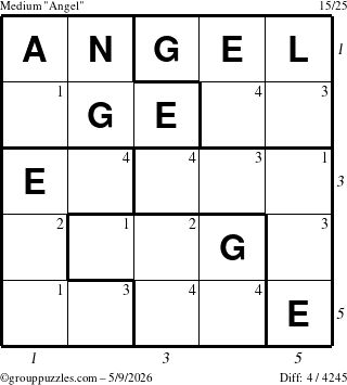 The grouppuzzles.com Medium Angel puzzle for Saturday May 9, 2026, suitable for printing, with all 4 steps marked
