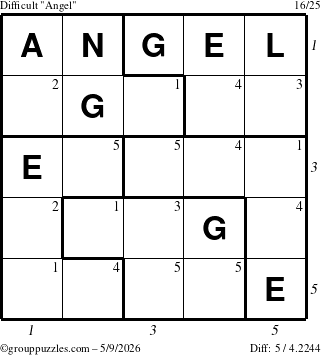 The grouppuzzles.com Difficult Angel puzzle for Saturday May 9, 2026 with all 5 steps marked