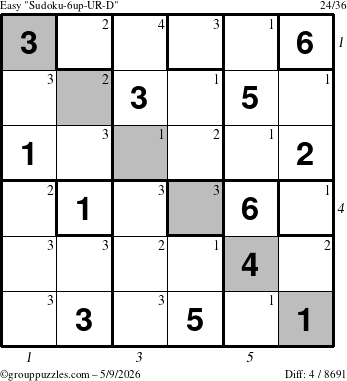 The grouppuzzles.com Easy Sudoku-6up-UR-D puzzle for Saturday May 9, 2026 with all 4 steps marked