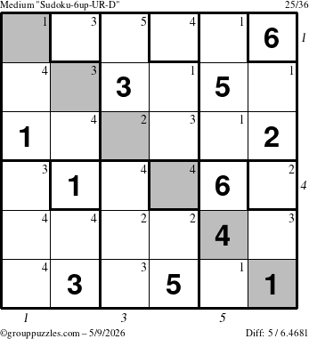 The grouppuzzles.com Medium Sudoku-6up-UR-D puzzle for Saturday May 9, 2026 with all 5 steps marked