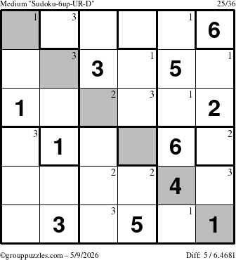 The grouppuzzles.com Medium Sudoku-6up-UR-D puzzle for Saturday May 9, 2026 with the first 3 steps marked