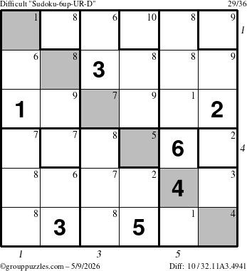 The grouppuzzles.com Difficult Sudoku-6up-UR-D puzzle for Saturday May 9, 2026 with all 10 steps marked