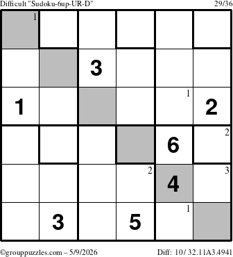 The grouppuzzles.com Difficult Sudoku-6up-UR-D puzzle for Saturday May 9, 2026 with the first 3 steps marked