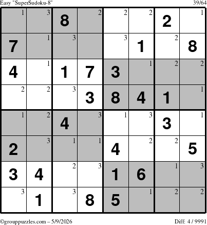 The grouppuzzles.com Easy SuperSudoku-8 puzzle for Saturday May 9, 2026 with the first 3 steps marked