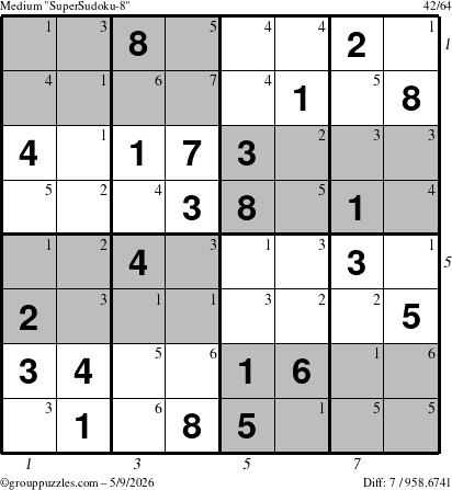 The grouppuzzles.com Medium SuperSudoku-8 puzzle for Saturday May 9, 2026, suitable for printing, with all 7 steps marked