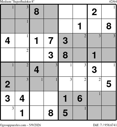 The grouppuzzles.com Medium SuperSudoku-8 puzzle for Saturday May 9, 2026 with the first 3 steps marked
