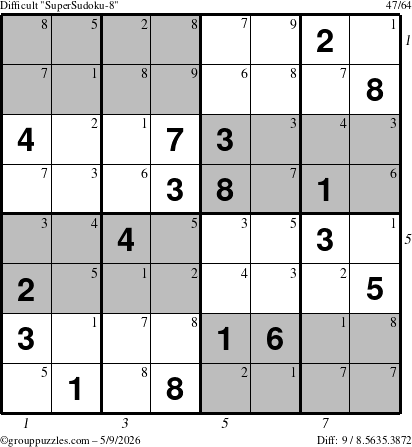 The grouppuzzles.com Difficult SuperSudoku-8 puzzle for Saturday May 9, 2026, suitable for printing, with all 9 steps marked
