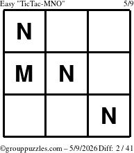 The grouppuzzles.com Easy TicTac-MNO puzzle for Saturday May 9, 2026