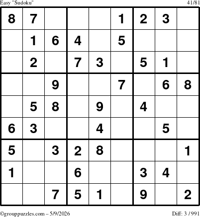 The grouppuzzles.com Easy Sudoku puzzle for Saturday May 9, 2026