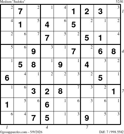 The grouppuzzles.com Medium Sudoku puzzle for Saturday May 9, 2026 with all 7 steps marked