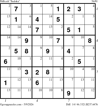 The grouppuzzles.com Difficult Sudoku puzzle for Saturday May 9, 2026, suitable for printing, with all 14 steps marked