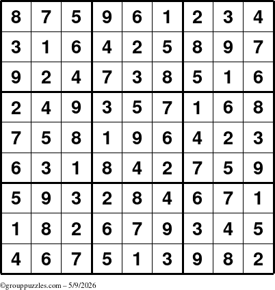 The grouppuzzles.com Answer grid for the Sudoku puzzle for Saturday May 9, 2026