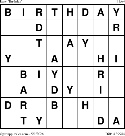 The grouppuzzles.com Easy Birthday puzzle for Saturday May 9, 2026