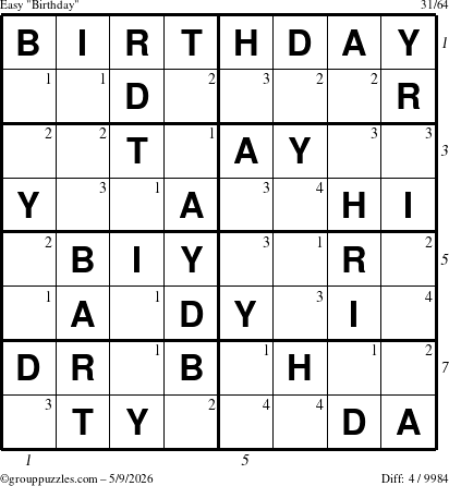 The grouppuzzles.com Easy Birthday puzzle for Saturday May 9, 2026, suitable for printing, with all 4 steps marked