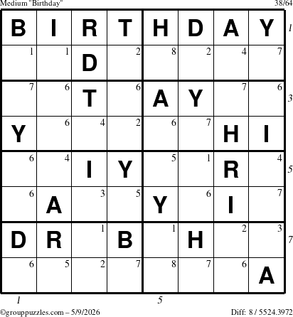 The grouppuzzles.com Medium Birthday puzzle for Saturday May 9, 2026 with all 8 steps marked