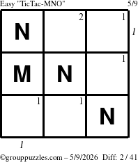 The grouppuzzles.com Easy TicTac-MNO puzzle for Saturday May 9, 2026, suitable for printing, with all 2 steps marked