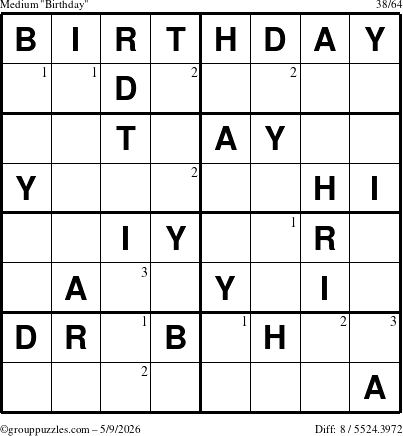 The grouppuzzles.com Medium Birthday puzzle for Saturday May 9, 2026 with the first 3 steps marked