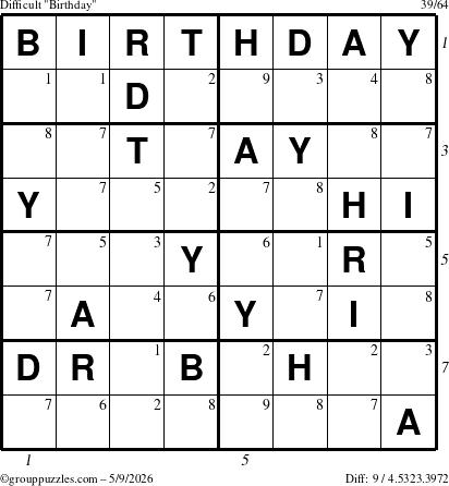 The grouppuzzles.com Difficult Birthday puzzle for Saturday May 9, 2026 with all 9 steps marked