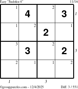 The grouppuzzles.com Easy Sudoku-4 puzzle for Thursday December 4, 2025, suitable for printing, with all 3 steps marked