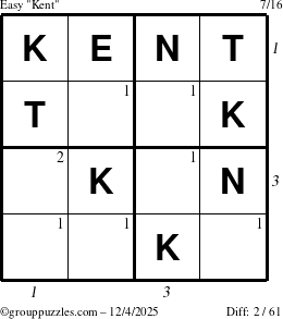 The grouppuzzles.com Easy Kent puzzle for Thursday December 4, 2025 with all 2 steps marked