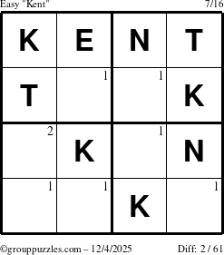 The grouppuzzles.com Easy Kent puzzle for Thursday December 4, 2025 with the first 2 steps marked