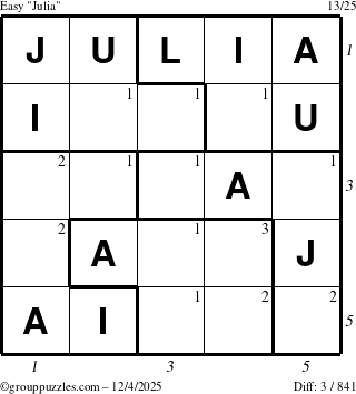 The grouppuzzles.com Easy Julia puzzle for Thursday December 4, 2025 with all 3 steps marked
