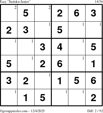 The grouppuzzles.com Easy Sudoku-Junior puzzle for Thursday December 4, 2025 with the first 2 steps marked