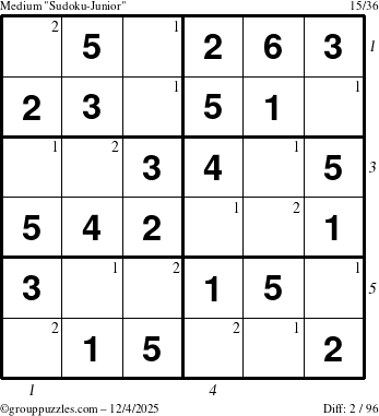 The grouppuzzles.com Medium Sudoku-Junior puzzle for Thursday December 4, 2025 with all 2 steps marked
