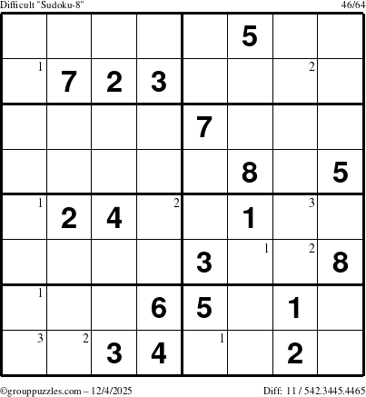 The grouppuzzles.com Difficult Sudoku-8 puzzle for Thursday December 4, 2025 with the first 3 steps marked