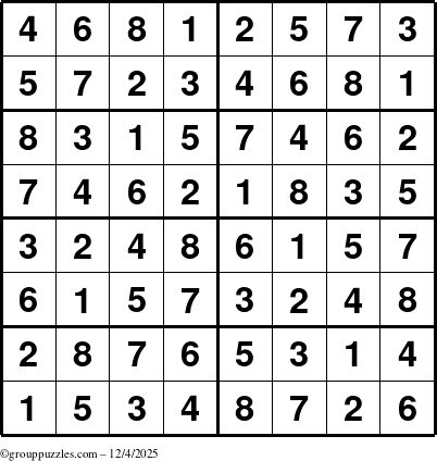The grouppuzzles.com Answer grid for the Sudoku-8 puzzle for Thursday December 4, 2025