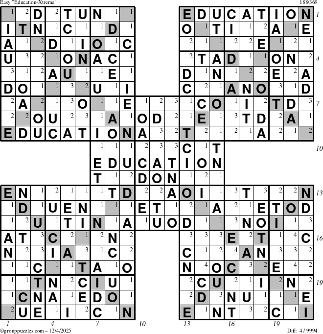 The grouppuzzles.com Easy Education-Xtreme puzzle for Thursday December 4, 2025, suitable for printing, with all 4 steps marked