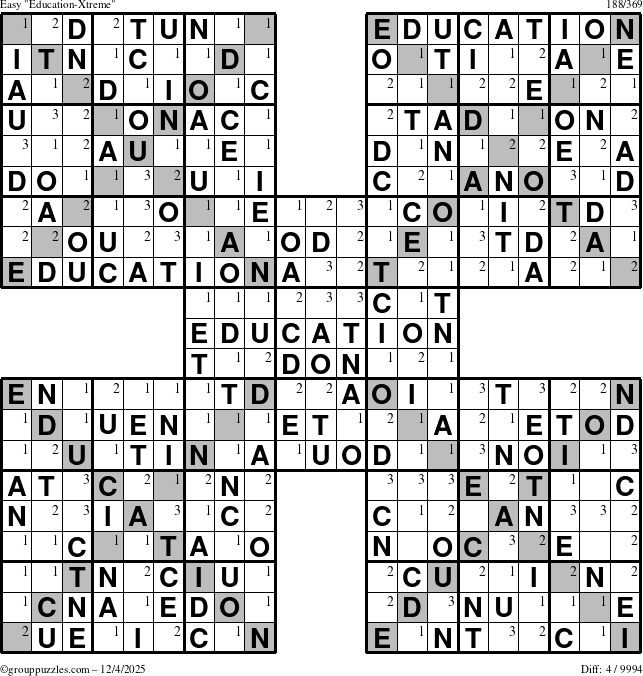 The grouppuzzles.com Easy Education-Xtreme puzzle for Thursday December 4, 2025 with the first 3 steps marked