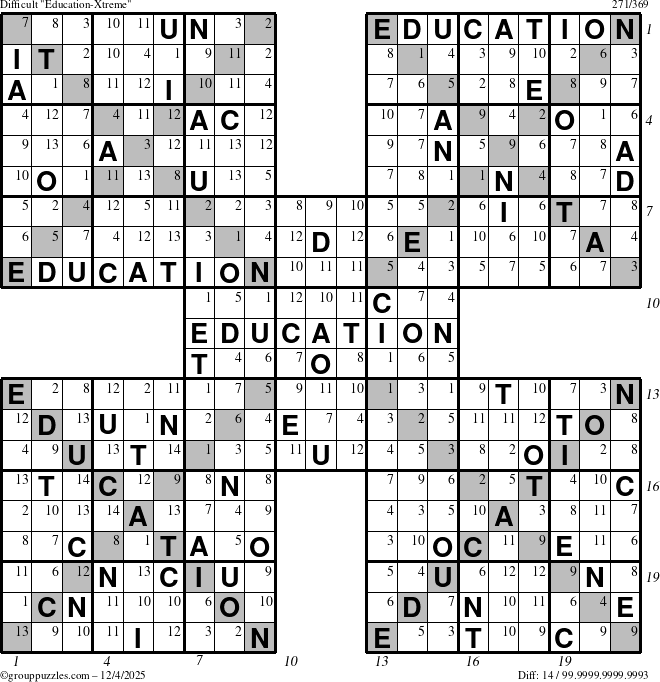 The grouppuzzles.com Difficult Education-Xtreme puzzle for Thursday December 4, 2025 with all 14 steps marked