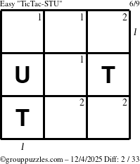 The grouppuzzles.com Easy TicTac-STU puzzle for Thursday December 4, 2025 with all 2 steps marked
