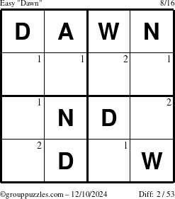 The grouppuzzles.com Easy Dawn puzzle for Tuesday December 10, 2024 with the first 2 steps marked