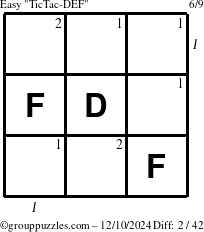 The grouppuzzles.com Easy TicTac-DEF puzzle for Tuesday December 10, 2024 with all 2 steps marked