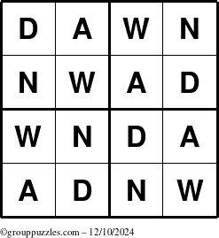 The grouppuzzles.com Answer grid for the Dawn puzzle for Tuesday December 10, 2024
