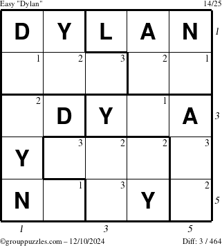 The grouppuzzles.com Easy Dylan puzzle for Tuesday December 10, 2024, suitable for printing, with all 3 steps marked