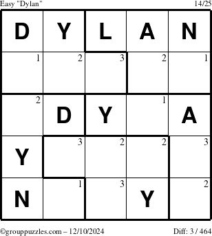 The grouppuzzles.com Easy Dylan puzzle for Tuesday December 10, 2024 with the first 3 steps marked